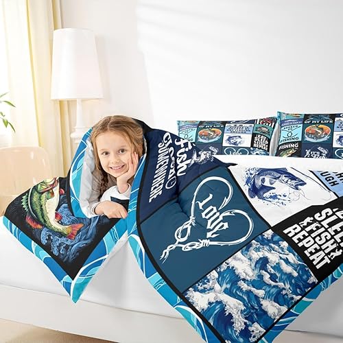Miniatura 6 de Manfei Go Fishing Juego de edredón tamaño King para niños, juego de ropa de cama con diseño geométrico de peces de bass y rombos, decoración para