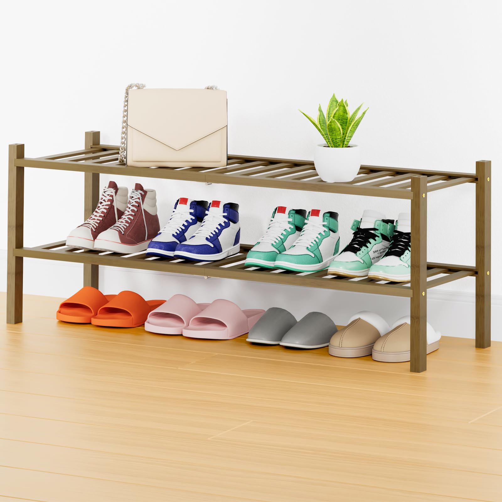 Smiry Bamboo Shoe Rack, 16 Vertical Slats, 2 Tier - 33.7" Wide, Walnut