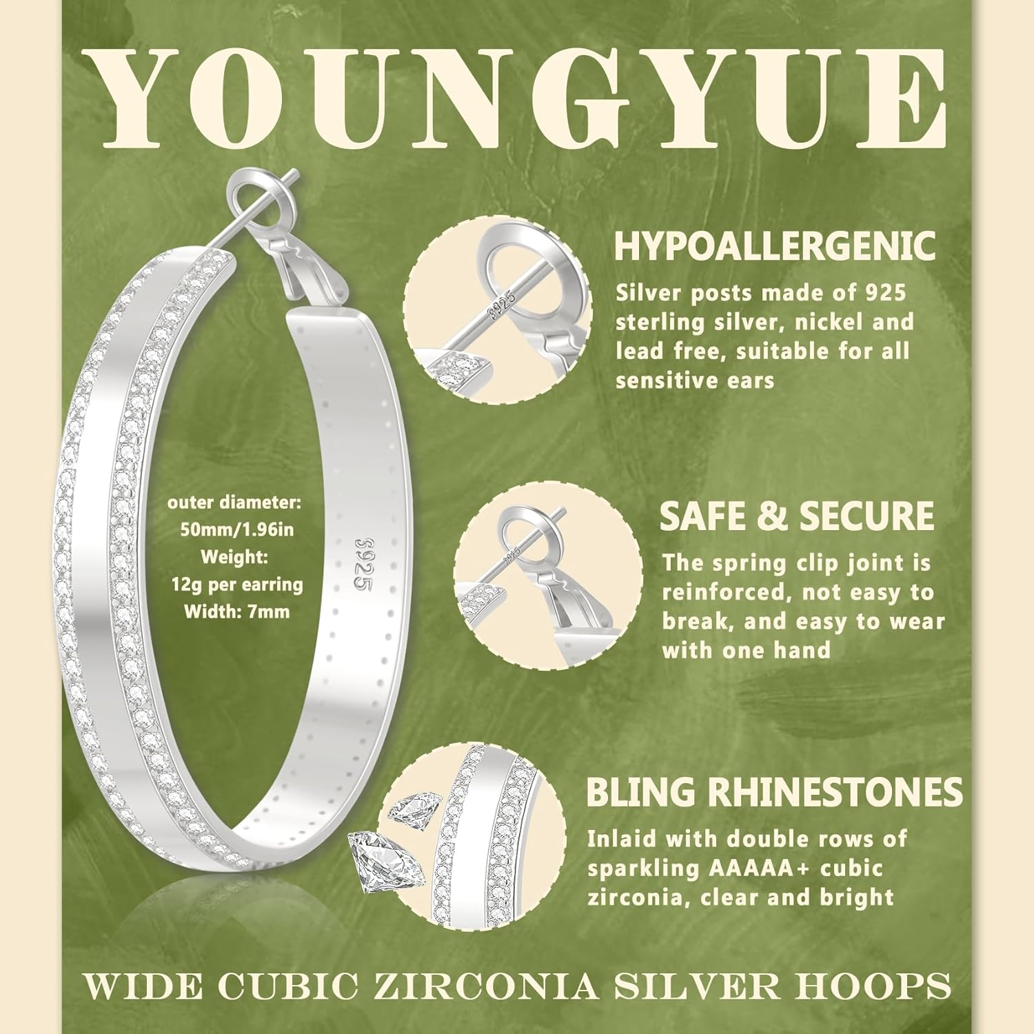 YOUNGYUE Sparkly 925 Sterling Silver Hoop Earrings Non Tarnish Large Rhinestone Hoop Earrings Hypoallergenic Cubic Zirconia Large Silver Chunky Hoop Earrings for Women with Crystal 25/30mm - Image 2
