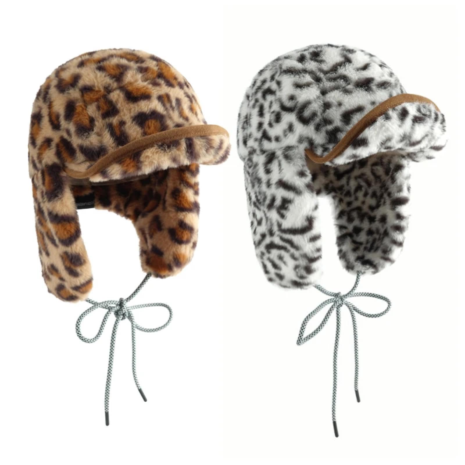 Czapki Czapki Skullies Czapki Beanie Leopard Print Bomber Czapki dla Kobiet Zimowe Pluszowe Pogrubione Ciepłe Pulower Czapka Koreańska Moda Ochrona uszu Czapka Narciarstwo Kapelusze Pilota