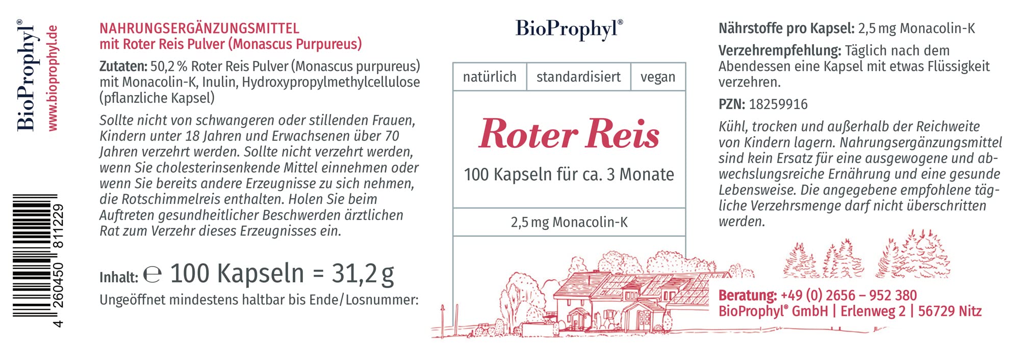 Roter Reis 2,5 mg Monacolin-K aus Monascus Purpureus - 100 Kapseln hochdosiert