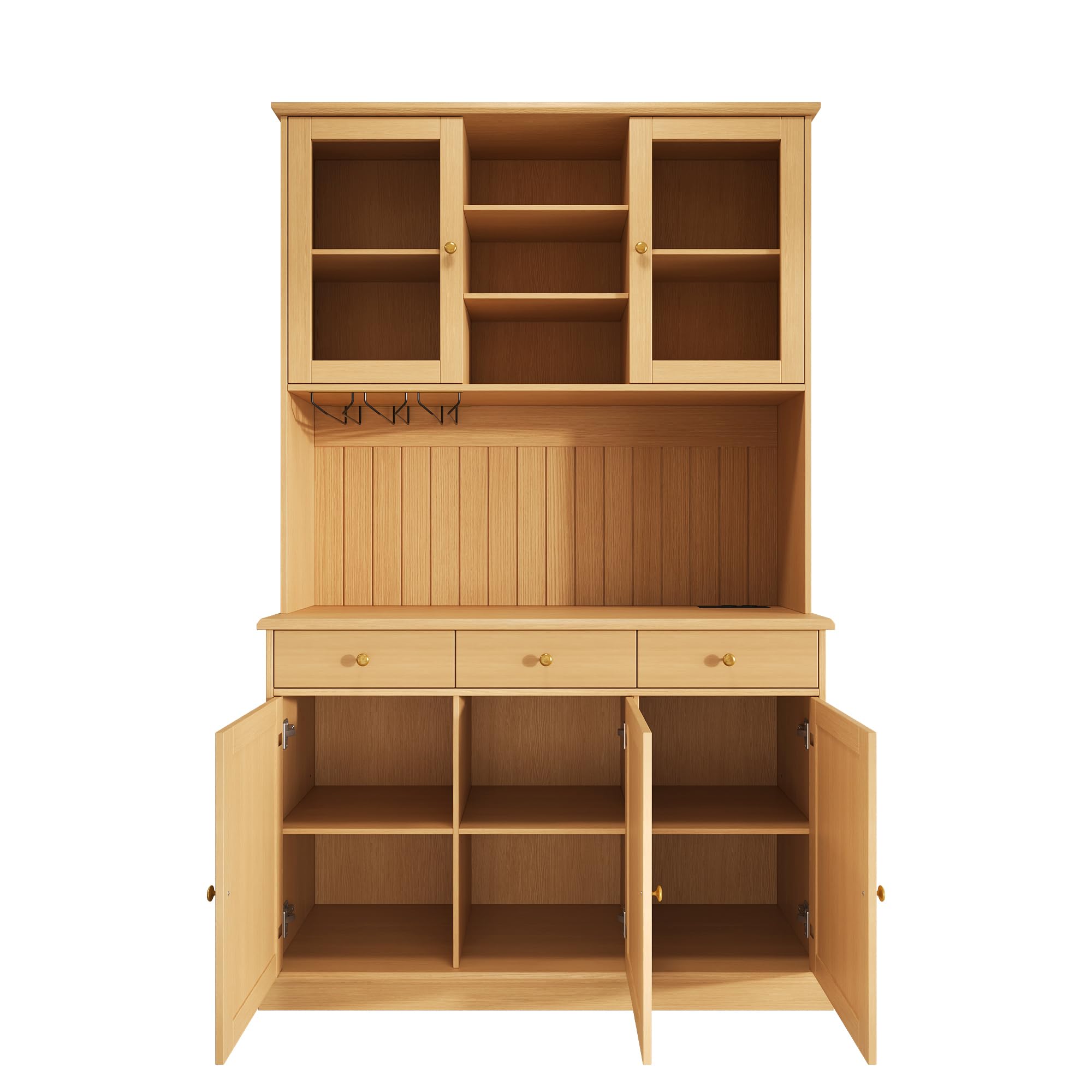 Küchenschrank mit USB-C- und USB-A-Anschlüssen, Buffetschrank mit Steckdose Sowie, Hochschrank mit Mehrstufigem Stauraum, Vitrinenschrank Küche, Esszimmerschrank, Vitrine, Schrank Küche