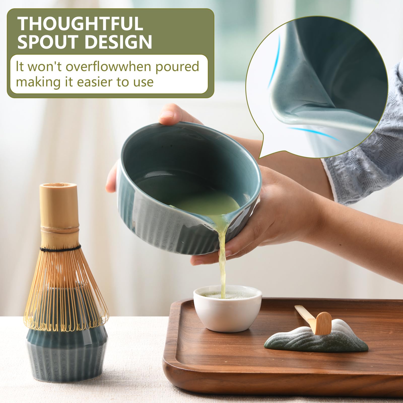 Matcha Kit Completo 7 Pezzi in Regalo Elegante: Ciotola Ceramica, Frullino di Bambù, Set per Tè Giapponese con Base, Setaccio Acciaio + Tovaglietta Lino - Set Matcha Autentico (Blu)