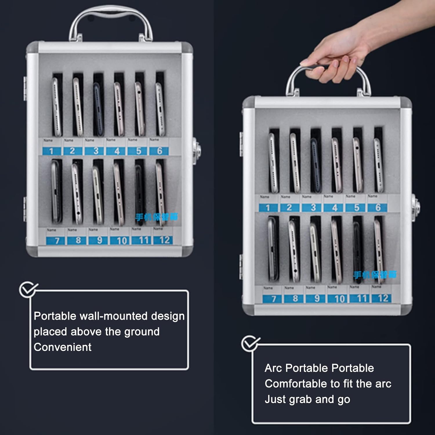 Aluminum Alloy Phone Storage Box with Handle - Clear 60-Slot Cell Phone Locker for Office/Classroom - Portable Pocket Chart Organizer in Silver