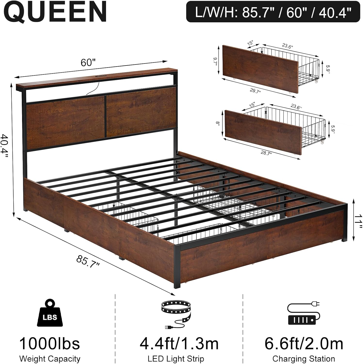 HAUSOURCE Queen Bed Frame with 4 Storage Drawers Metal Platform Bed Frame Queen Size with Headboard Charging Station LED Lights Non-Slip Without Noise No Box Spring Needed - Image 2