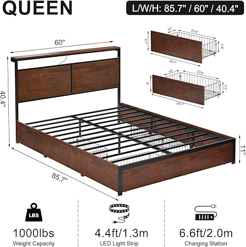 Miniatura 2 de HAUSOURCE Bastidor de cama Queen con 4 cajones de almacenamiento, base de cama con plataforma metálica tamaño Queen con cabecera, estación de carga,
