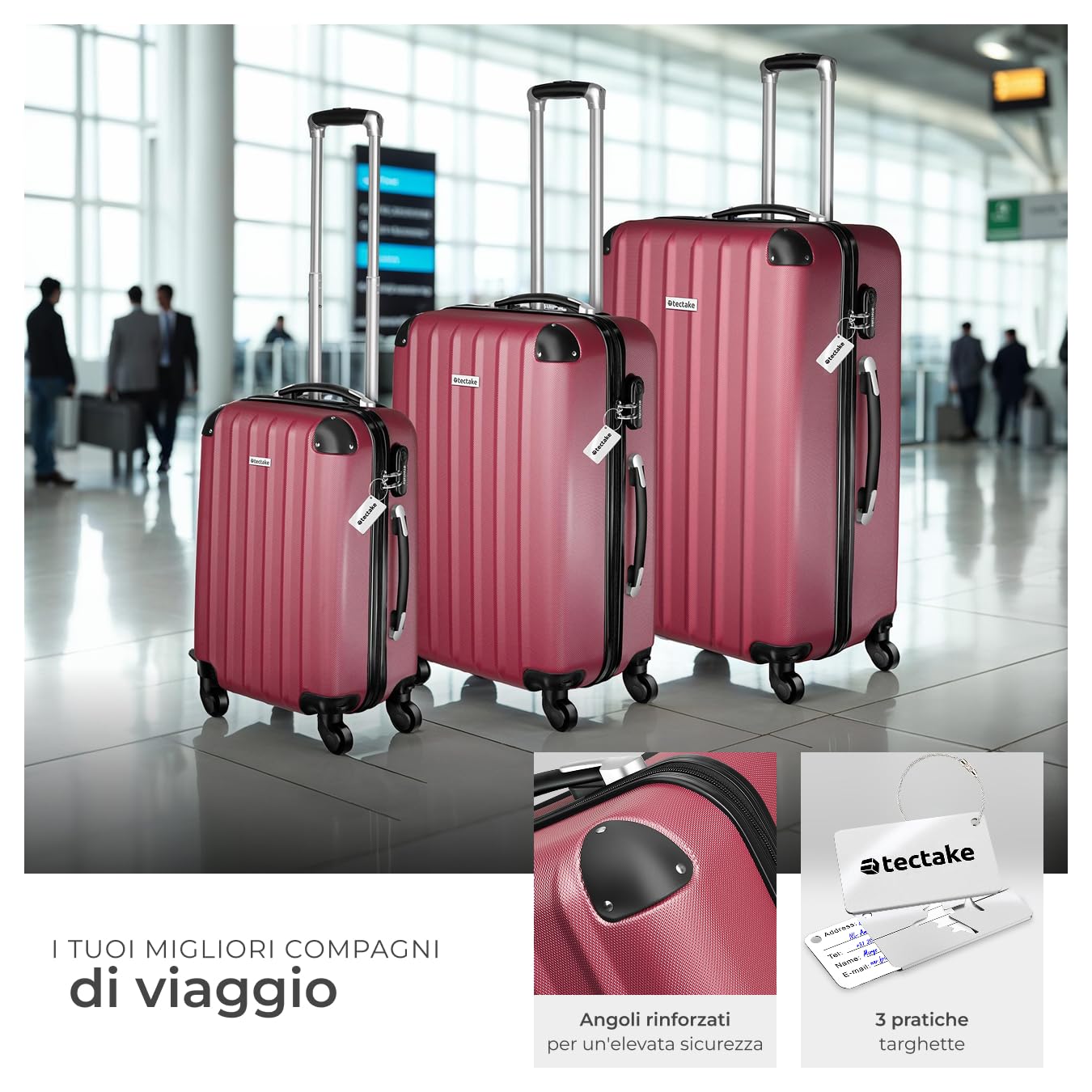 tectake® Set 3 Valigie, Rotelle Girevoli, Trolley Rigidi in ABS, Maniglie Telescopiche, Lucchetti a Combinazione, Set Viaggio con Bilancia ed Etichette per Bagagli - Rosso Vino