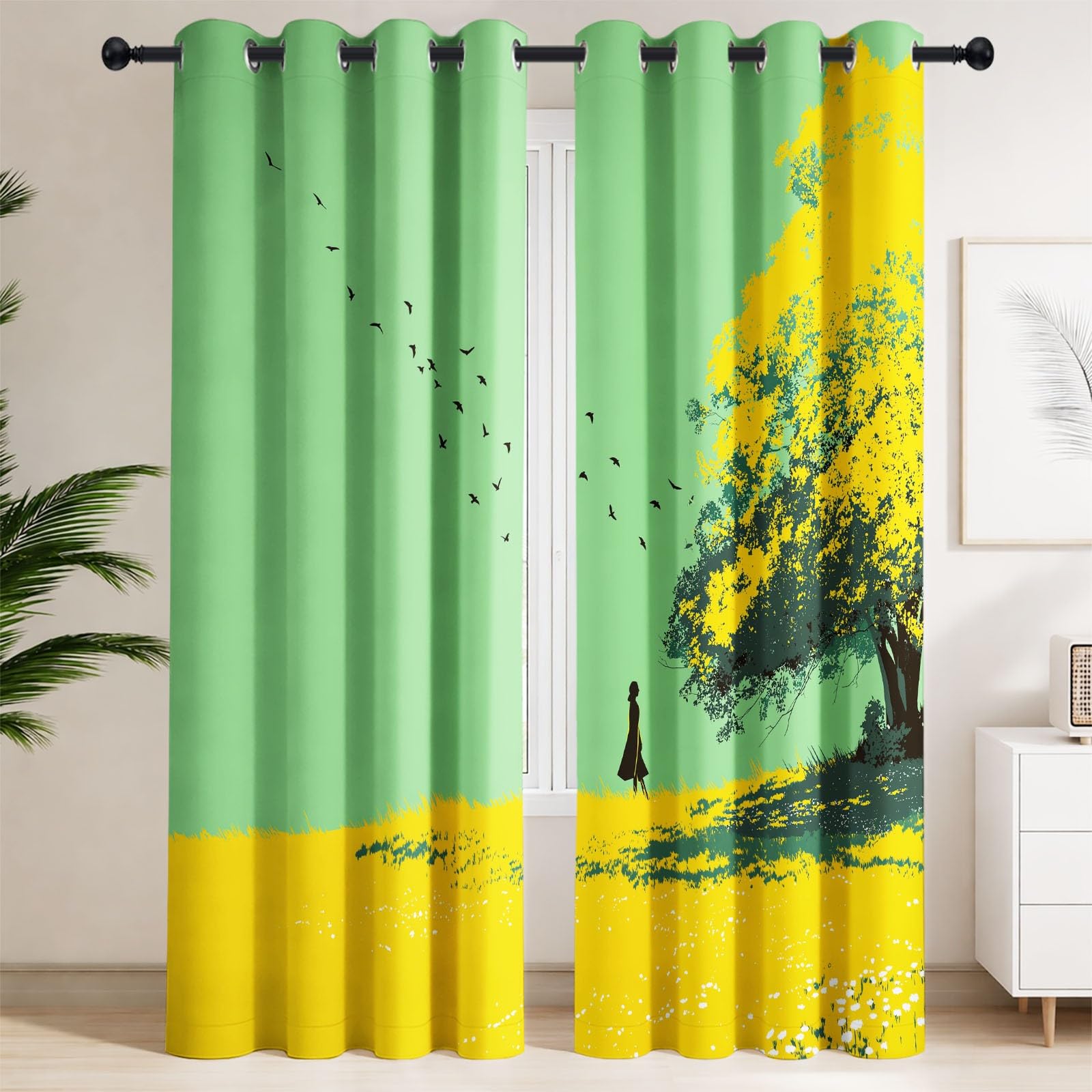 Generisch Minimalistisch Silhouette Botanisch Blickdichte Vorhänge B 132 x H 160 cm (2er Set), Baum Mensch Wiese Thermovorhang, Verdunkelungsvorhänge mit Ösen für Wohnzimmer Schlafzimmer