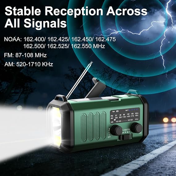 10000 mAh Krank Radyo, Acil Durum Radyosu, Güneş Radyosu, NOAA/AM/FM Hava Radyosu, USB Tip C Şarj, Dinamo Radyo, Polimer Pil, El Feneri ve LED Okuma Işığı, SOS Alarmı, Kamp için Pusula