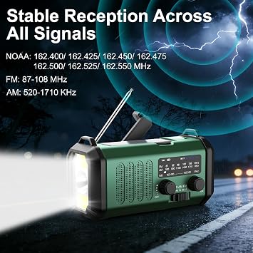 10000 mAh Krank Radyo, Acil Durum Radyosu, Güneş Radyosu, NOAA/AM/FM Hava Radyosu, USB Tip C Şarj, Dinamo Radyo, Polimer Pil, El Feneri ve LED Okuma Işığı, SOS Alarmı, Kamp için Pusula