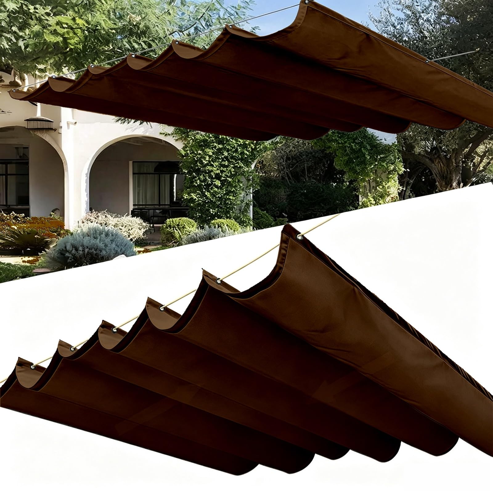 Toldo Retráctil Ondulado 100 x 400 cm con Ojales y Cuerda, Vela Sombra Impermeable y Rectangular con Bloqueo UV y Resistencia a Desgarros para Jardín Porche Patio Barbacoa, Marrón