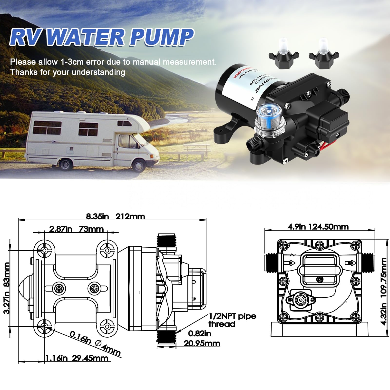 Selbstansaugende Wasserpumpe 12v für Wohnmobil, 4008-101-E65 Druckwasserpumpe 12v Wohnmobil, 4-Kammer-Membranpumpe mit einstellbarem Druckschalter (55 PSI/3,8 bar), PVC & Kupfer, 3 GPM/11.3 LPM