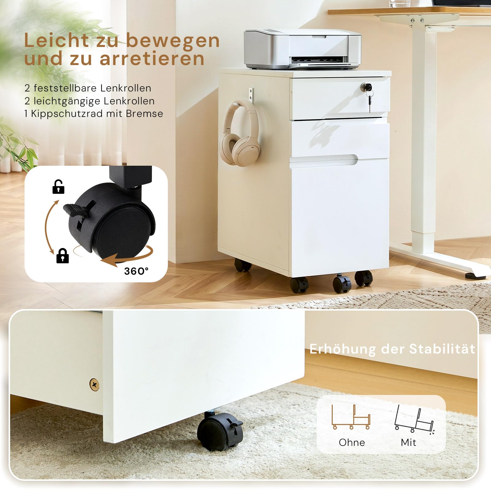 CLIPOP Caisson Mobile verrouillable, Meuble de classement sur roulettes (5 roulettes) avec 3 tiroirs, pour dossiers Suspendus A4/Letter, Meuble sous Bureau pour Bureau et télétravail, Blanc