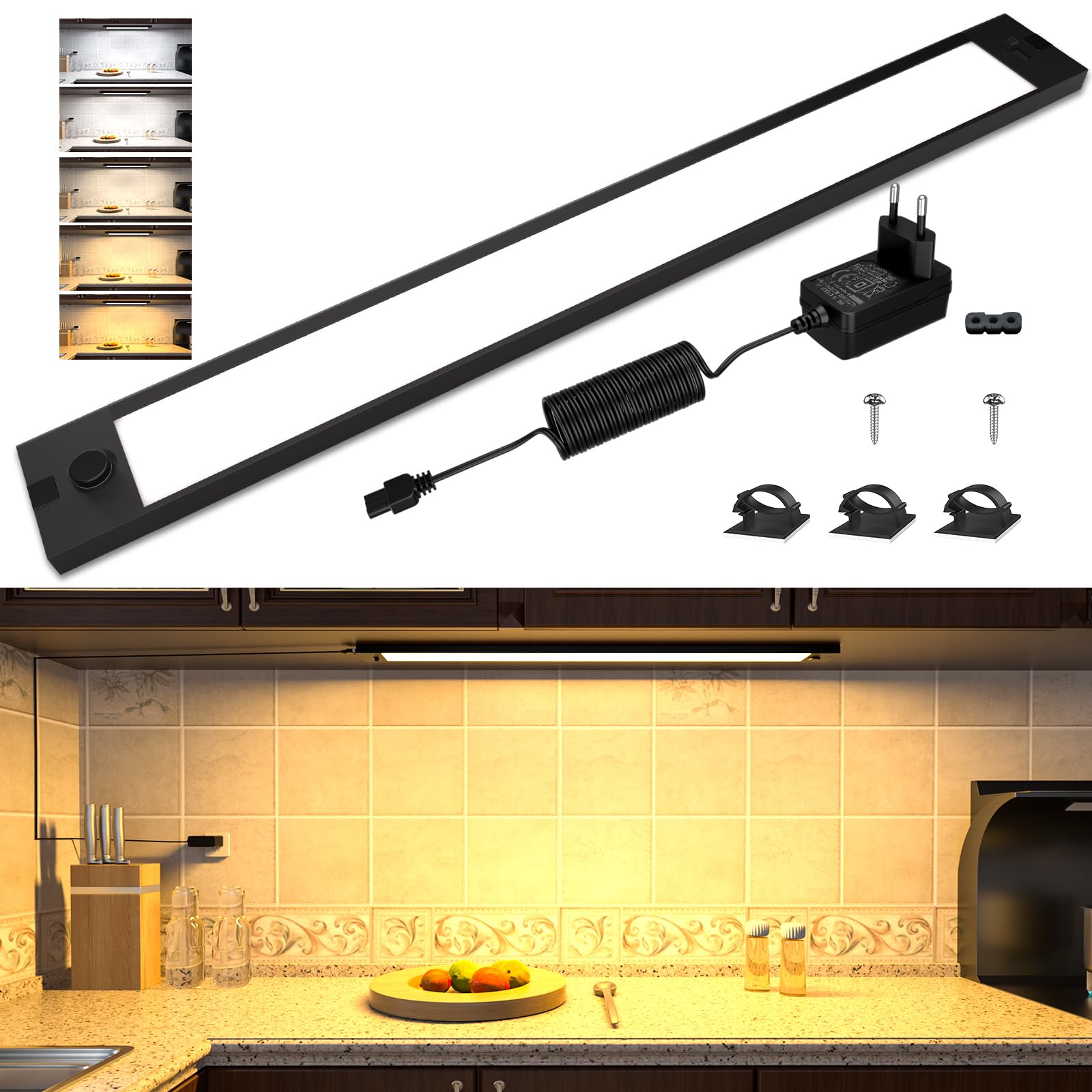 WOBANE 60cm Unterbauleuchte Küche LED, Aluminium, 5 Farben Dimmbar, 1200LM