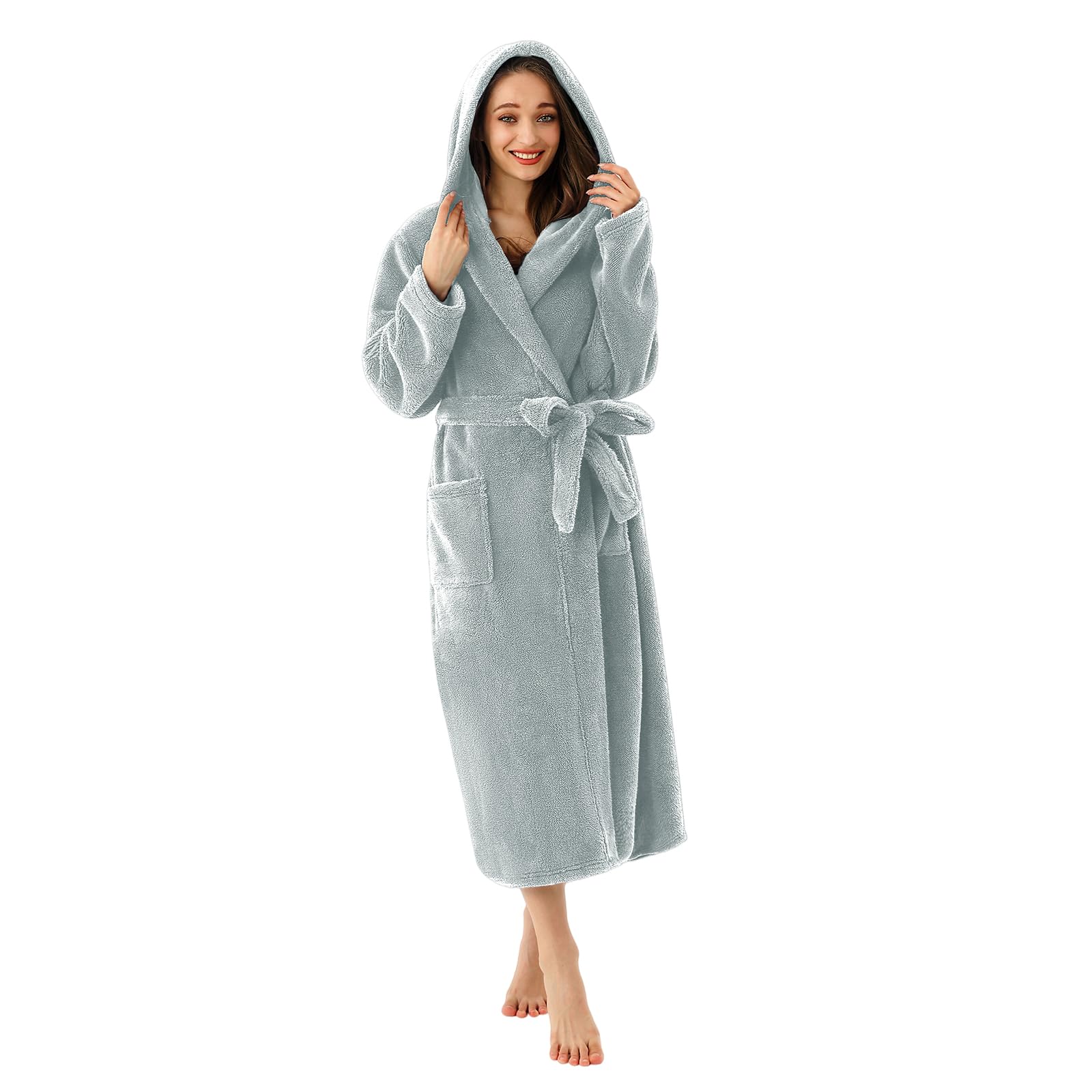 RONGTAI Womens Hooded Robe Long Plush Fleece Bathrobe with Pockets Nightwear S-XXL