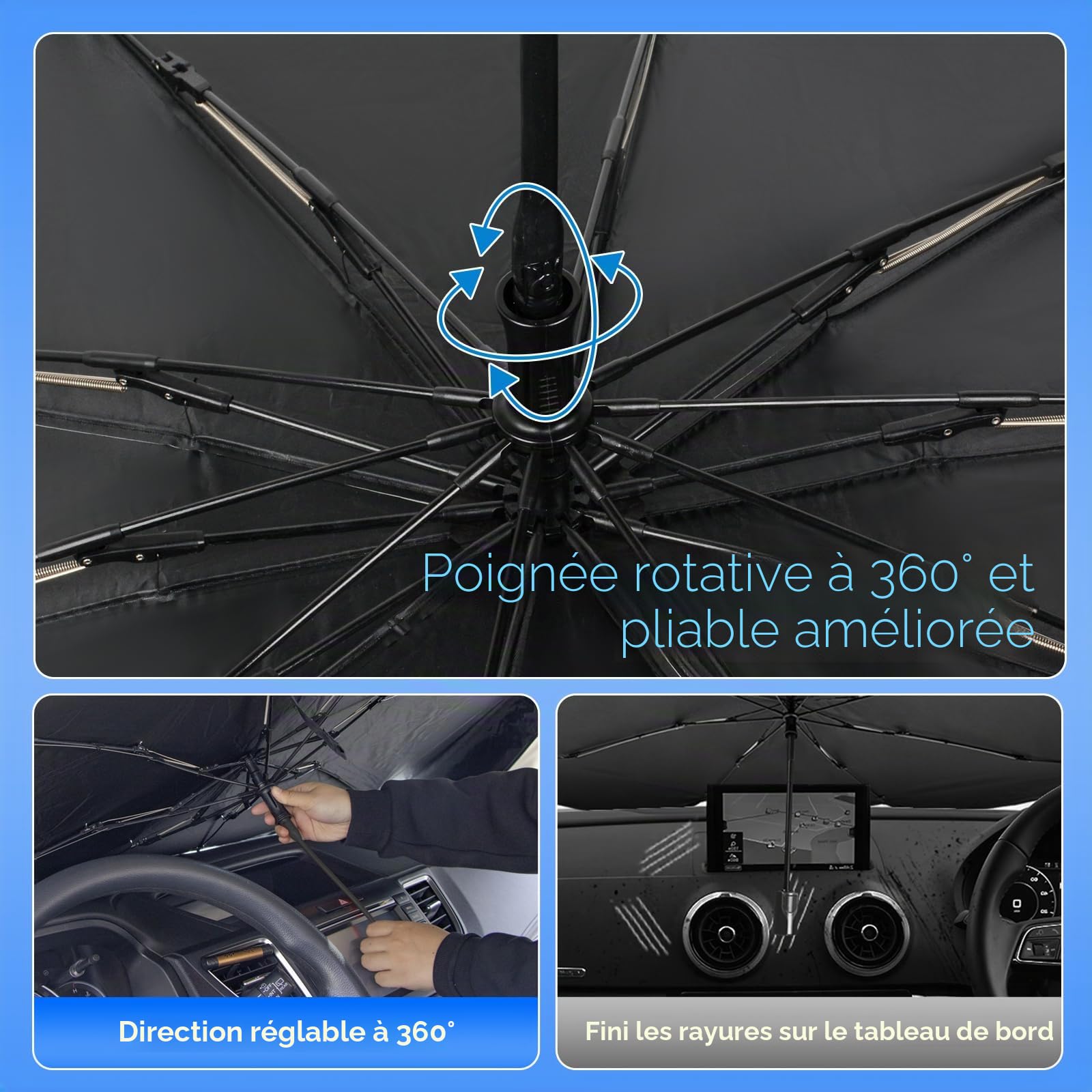 Pare-Soleil Voiture Pare-Brise Avant, 145x85cm Grande Taille,Protection UV & Anti-Chaleur Pliable Poignée pivotante, avec Découpe pour Rétroviseur – Idéal pour SUV et pour Voiture.