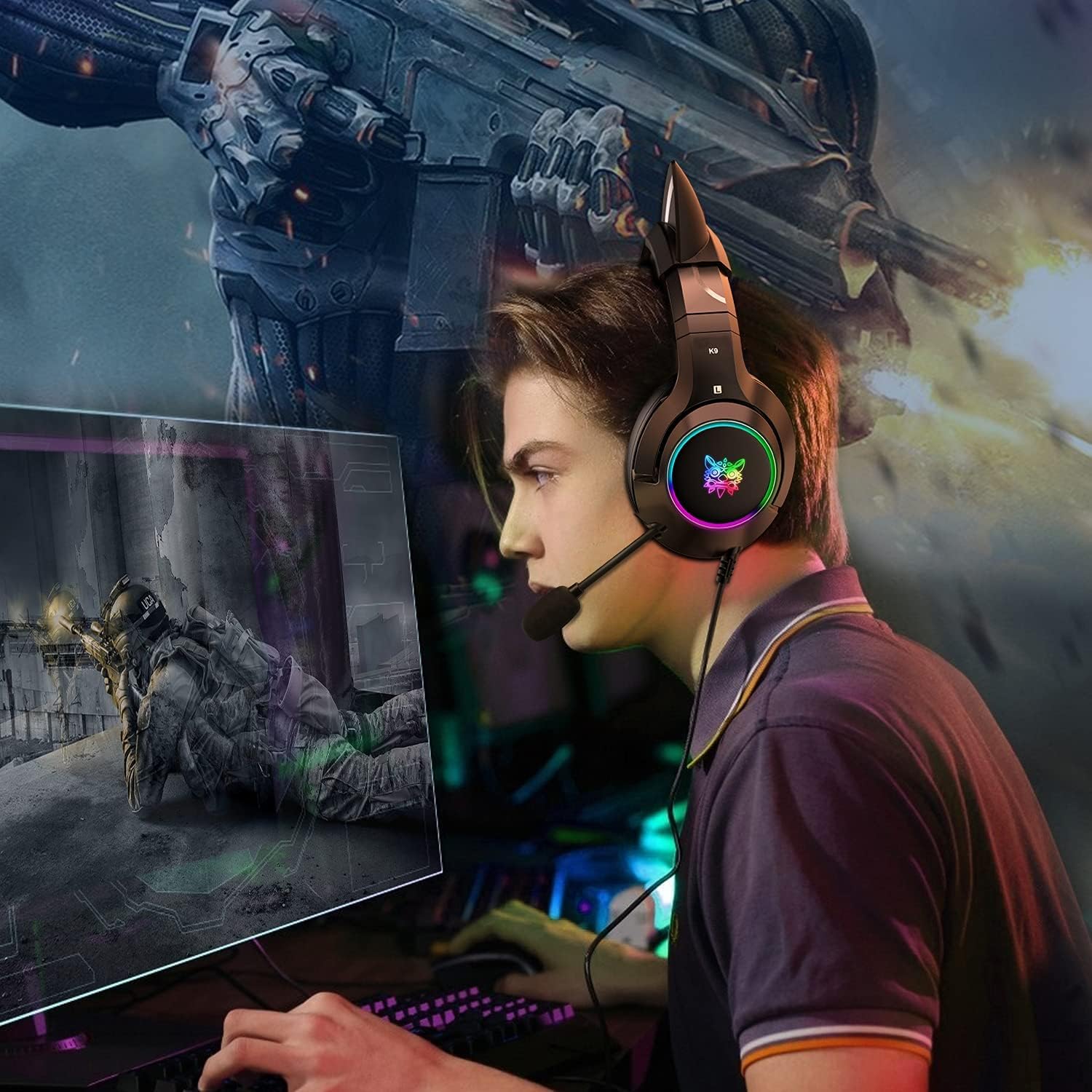 PHNIXGAM Casque de jeu pour PS4, PS5, Xbox One X/S (sans adaptateur), casque 3,5 mm avec oreilles de chat amovibles, microphone antibruit, RVB, son surround pour PC, téléphone portable (noir)