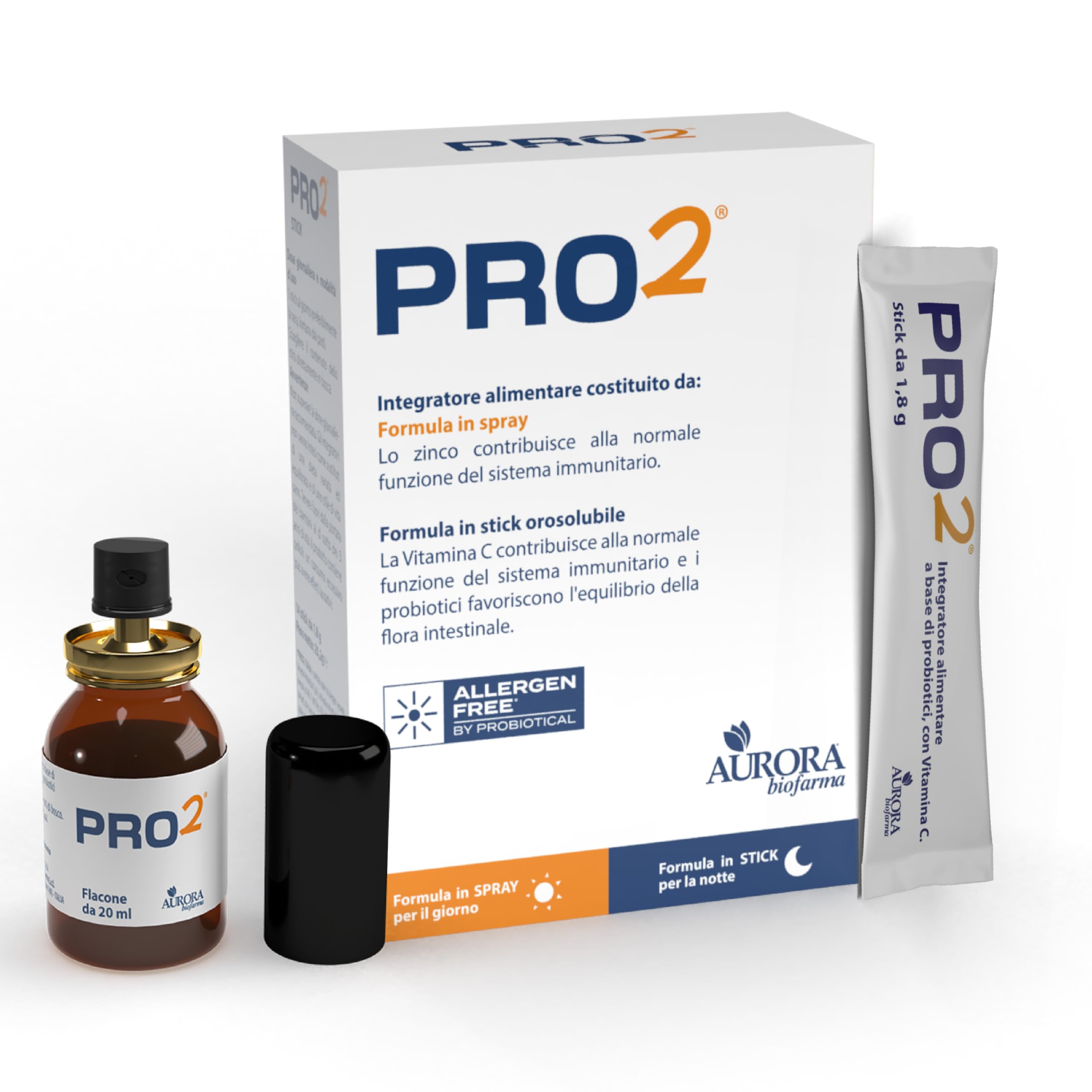 Aurora biofarma Pro2 - Per il Sistema Immunitario con Miele, Propoli, Vitamina C - Doppia Formulazione Spray 20ml e 14 Stick