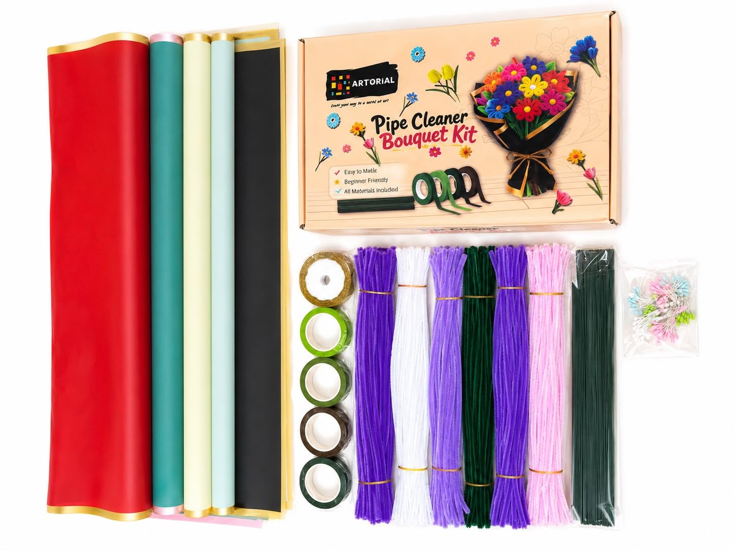 DIGI BUY Pipe Cleaner Bouquet Kit for DIY Flower Making | Complete Craft Kit with Pipe Cleaners, Floral Wire, Floral Tape, Wrapping Sheets & Flower Accessories | Beginner Friendly-image-8