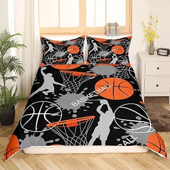 Loussiesd Children's Basketball Bed Linen Set Cool Sport Theme Comforter Cover Set Sports Basketball Bed Linen Boys and Teenagers 135 x 200 cm Duvet Cover with 1 Pillowcase Zip