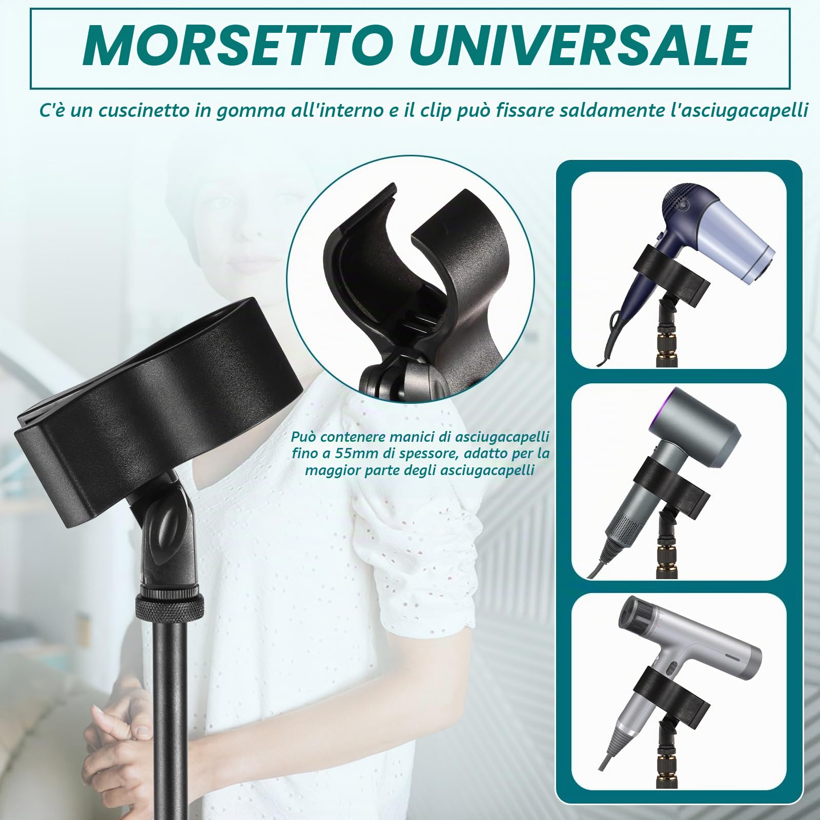 Supporto regolabile in lega di alluminio per asciugacapelli, 60-195 cm, treppiede regolabile con rotazione a 180 gradi, compatibile con strumenti di styling compatti (nero)