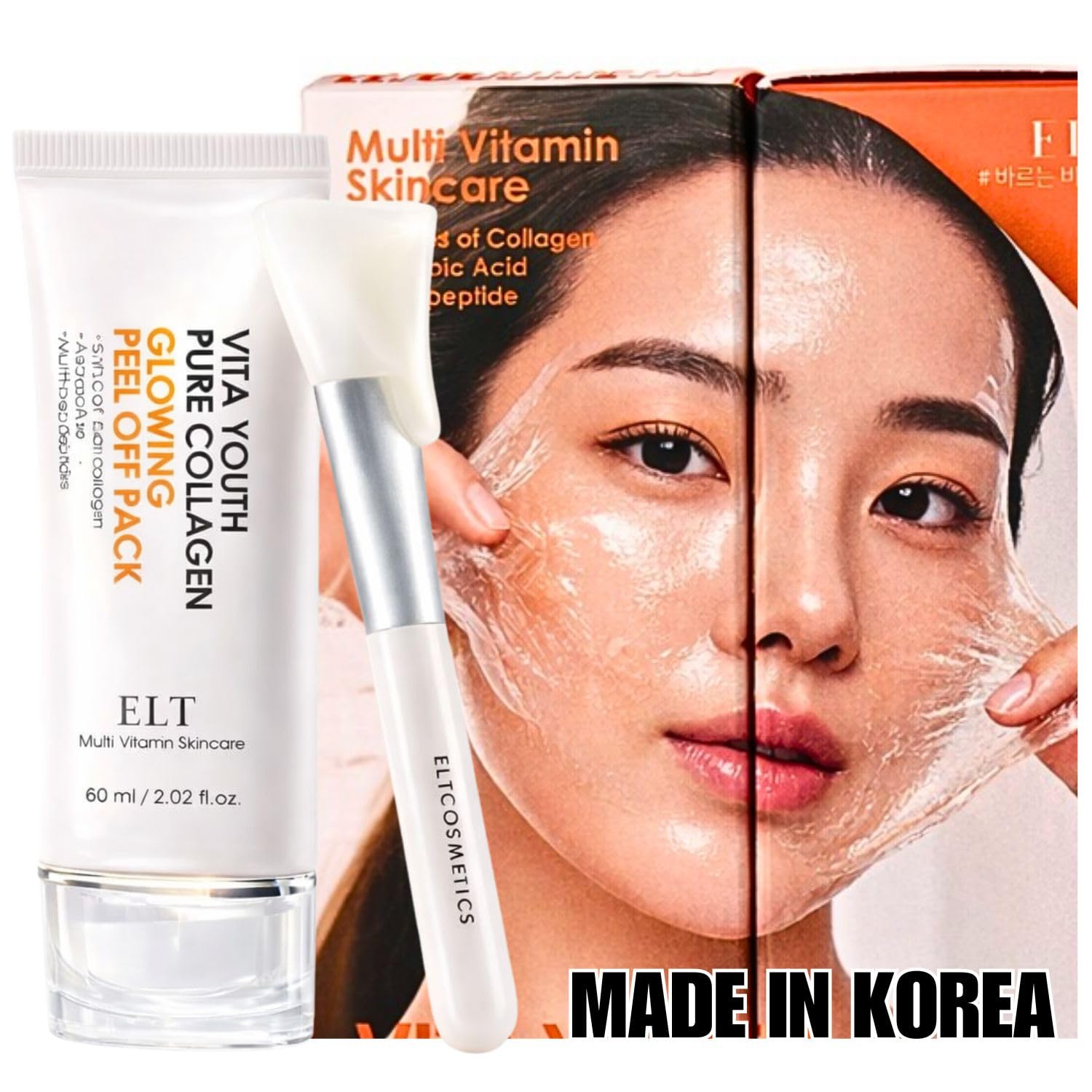 ELT Collagen Peel Off Face Mask Pack - Korean Wrapping Face Peel Mask - Hydrating & Firming Facial Mask with 5 Types of Collagen, 8 Peptides, Silicone Brush Included (60 ml / 2.02 fl.oz)