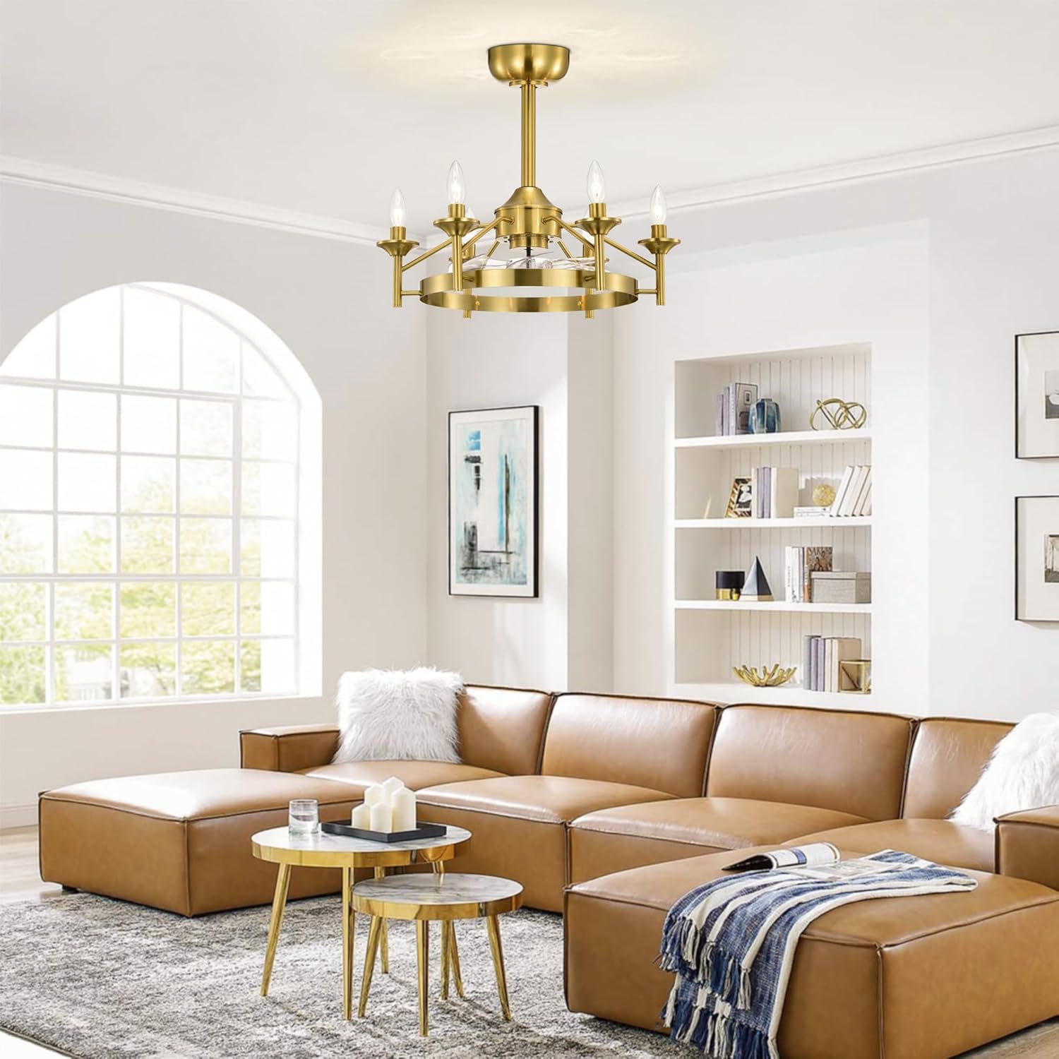 Maxax 21” Ceiling Fan with Lights and Remote, Modern Farmhouse Fan Light for Living Room,Caged Ceiling Fan with Light, Yellow Bronze Rustic Chandelier Candles, Reversible (Bulbs Not Included)