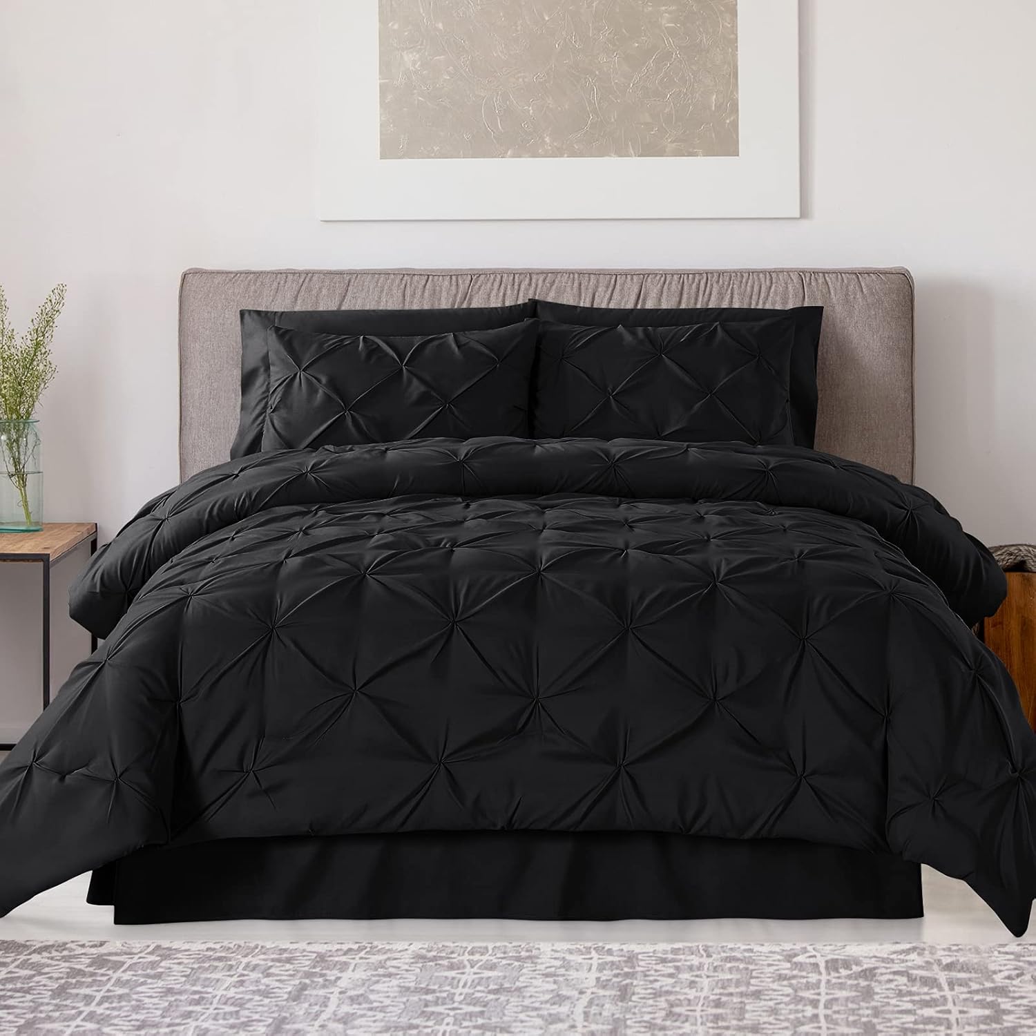 BYSURE Comforter Queen Sets with Sheets, 8-Pieces Black Pinch Pleated Bed in A Bag, 1 Comforter (88x88), 1 Bed Skirt, 1 Flat Sheet, 1 Fitted Sheet, 2 Pillowcases, 2 Pillow Shams… : Home & Kitchen