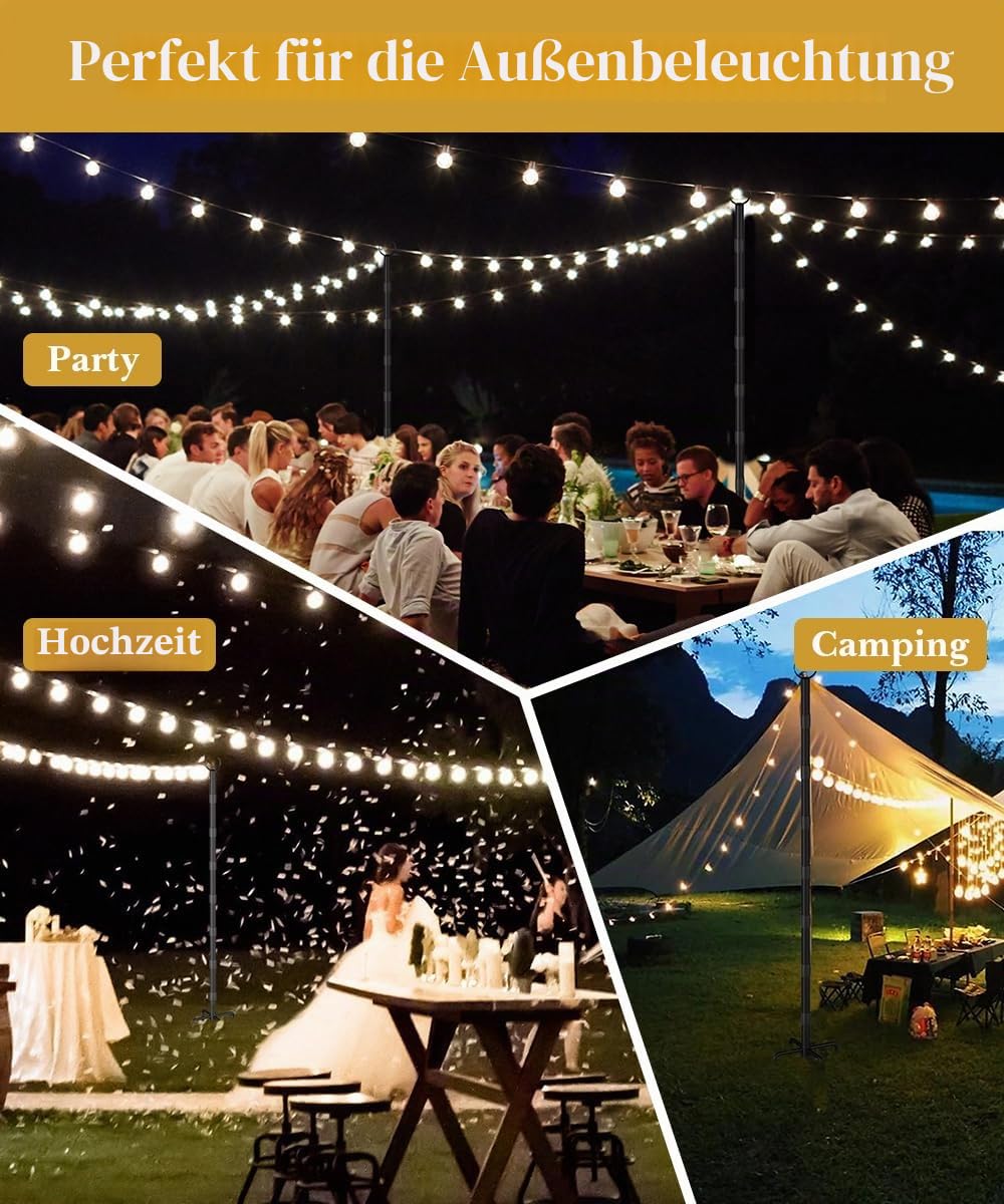 3 m lange Lichterkette für harte Oberflächen, Außenlichtständer für Hinterhof, Garten und Terrasse, Partybeleuchtung, robuste Metallstangen mit wasserdichter Oberfläche, rostfrei und