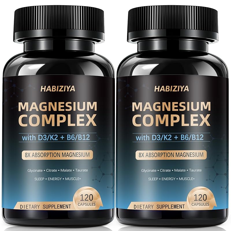 HABIZIYA Suplemento de Magnésio com Vitaminas D3, K2 MK-7 e B, 600 mg, 240 cápsulas