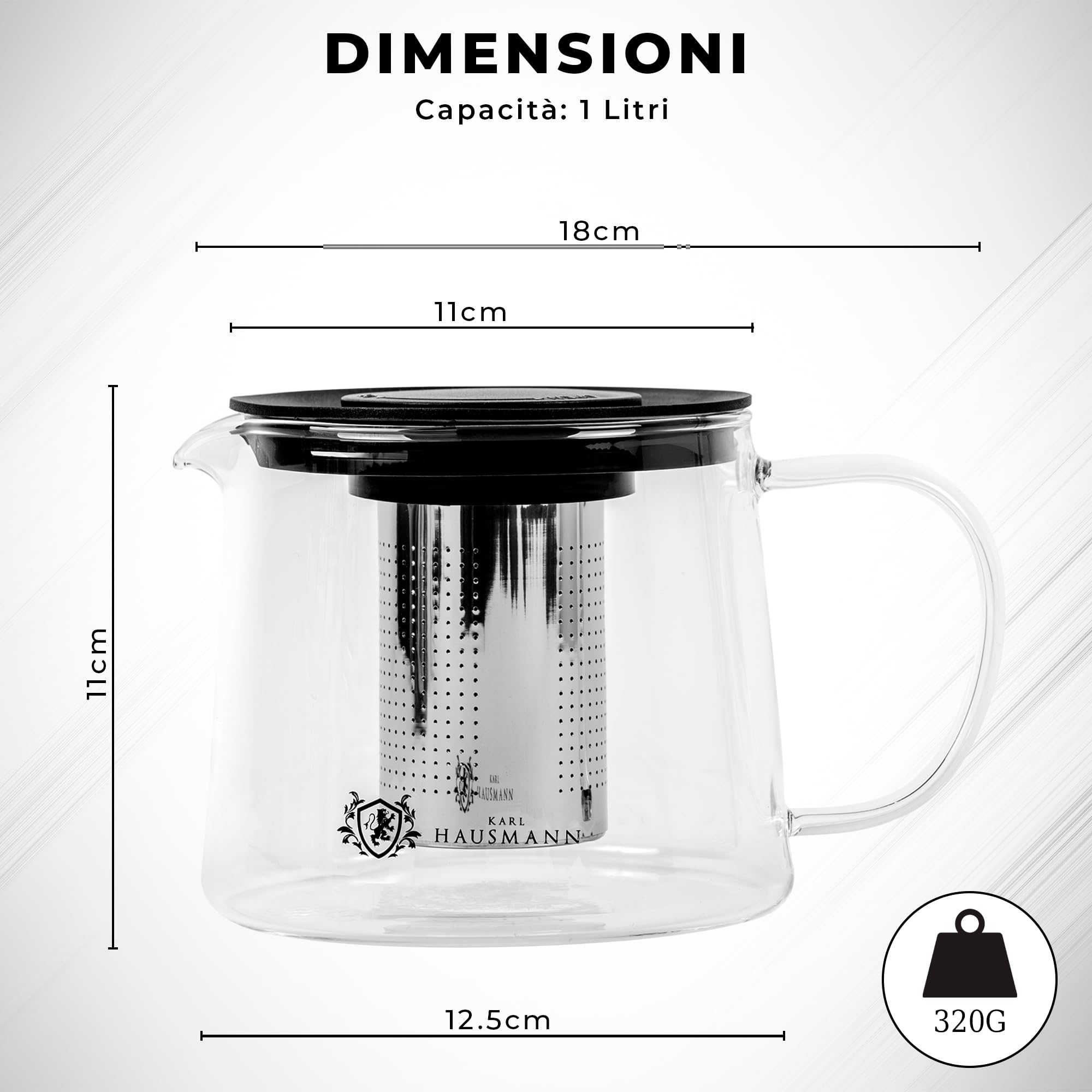 KARL HAUSMANN Teiera in Vetro 1L con Infusore - Tisaniera per Fornelli (gas, vetroceramica, elettrico) | Infusione Diretta, Beccuccio Antigoccia,Lavabile in Lavastoviglie