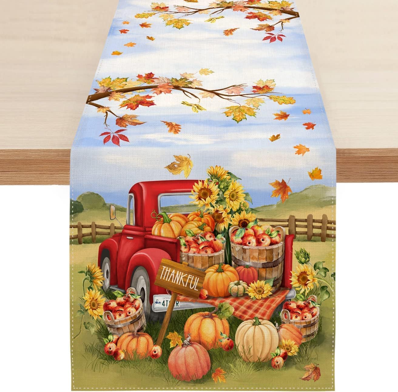 Fall Thanksgiving Table Runner Home Kitchen Dining Red Truck Pumpkins Sunflowers Maple Leaves Autumn Harvest Vintage Table Flag for Indoor Outdoor Decor 13 x 72 Inch