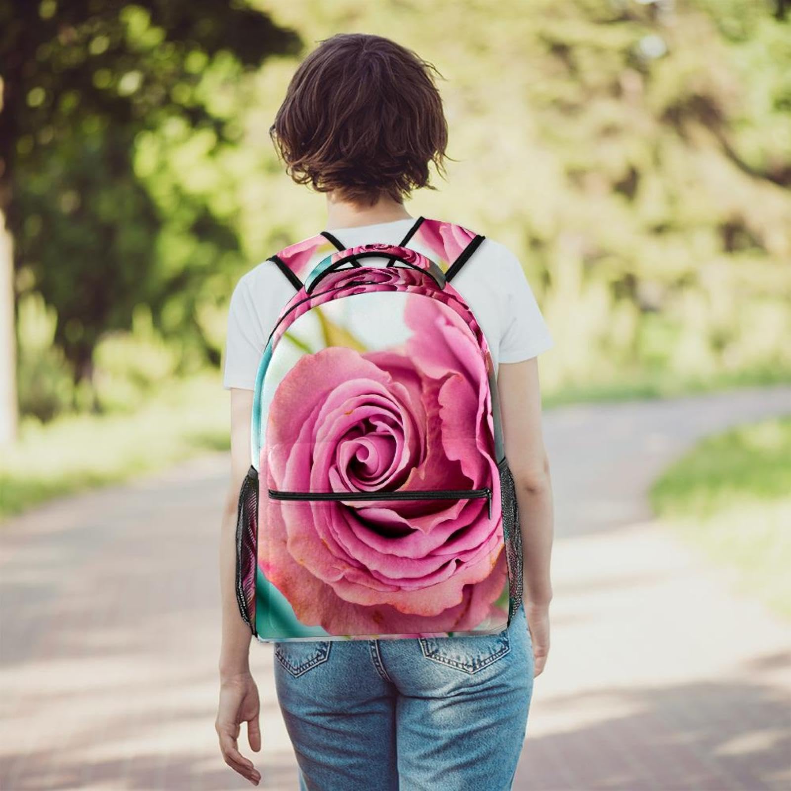 Zaino scolastico per uomini e donne, borsa da viaggio per computer portatile con rosa rosa, zaino leggero per università, zaino casual per libri