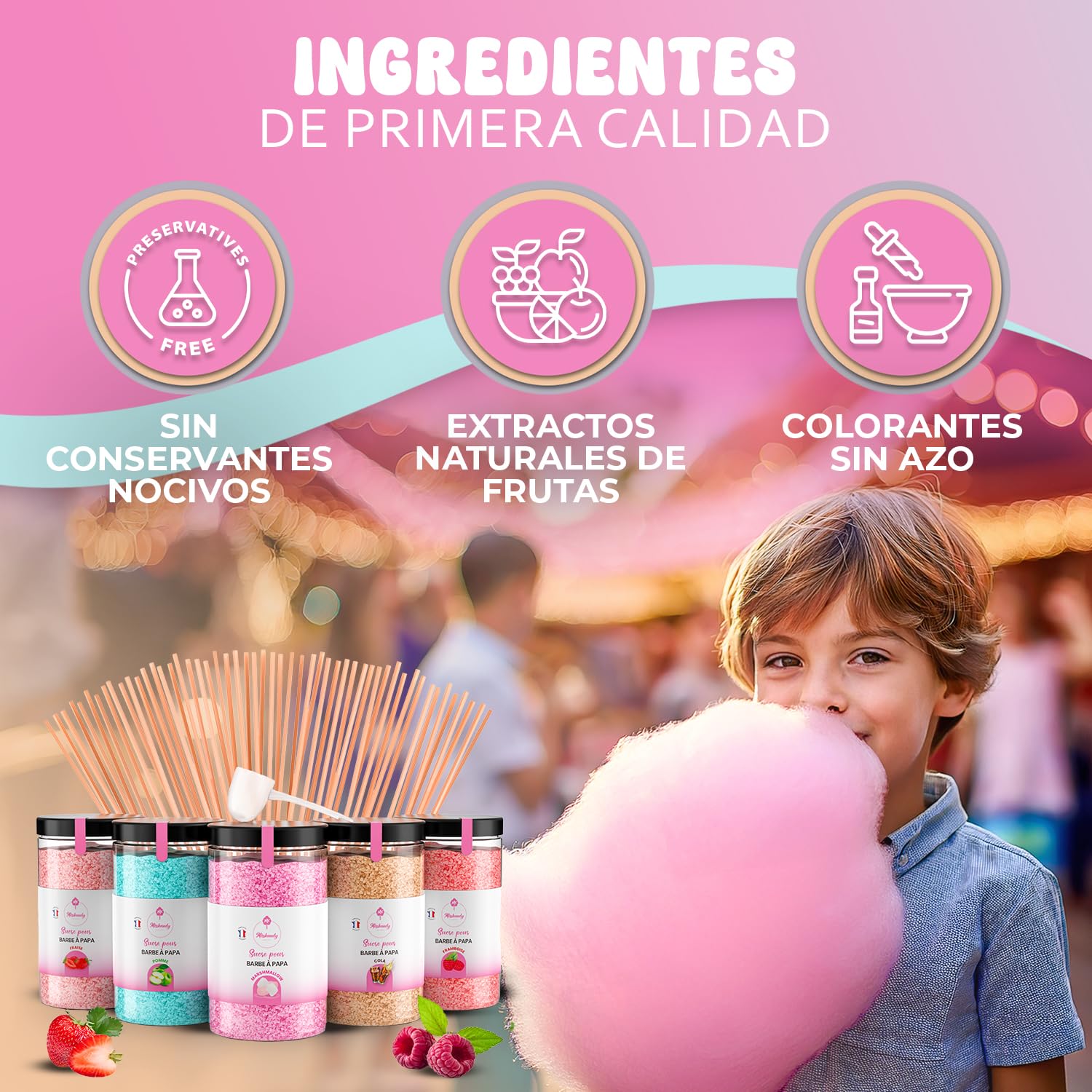 Algodón de azúcar Misskandy para máquina 1,5kg sabores fresa, manzana, malvavisco, cola, frambuesa + 50 barritas 30cm