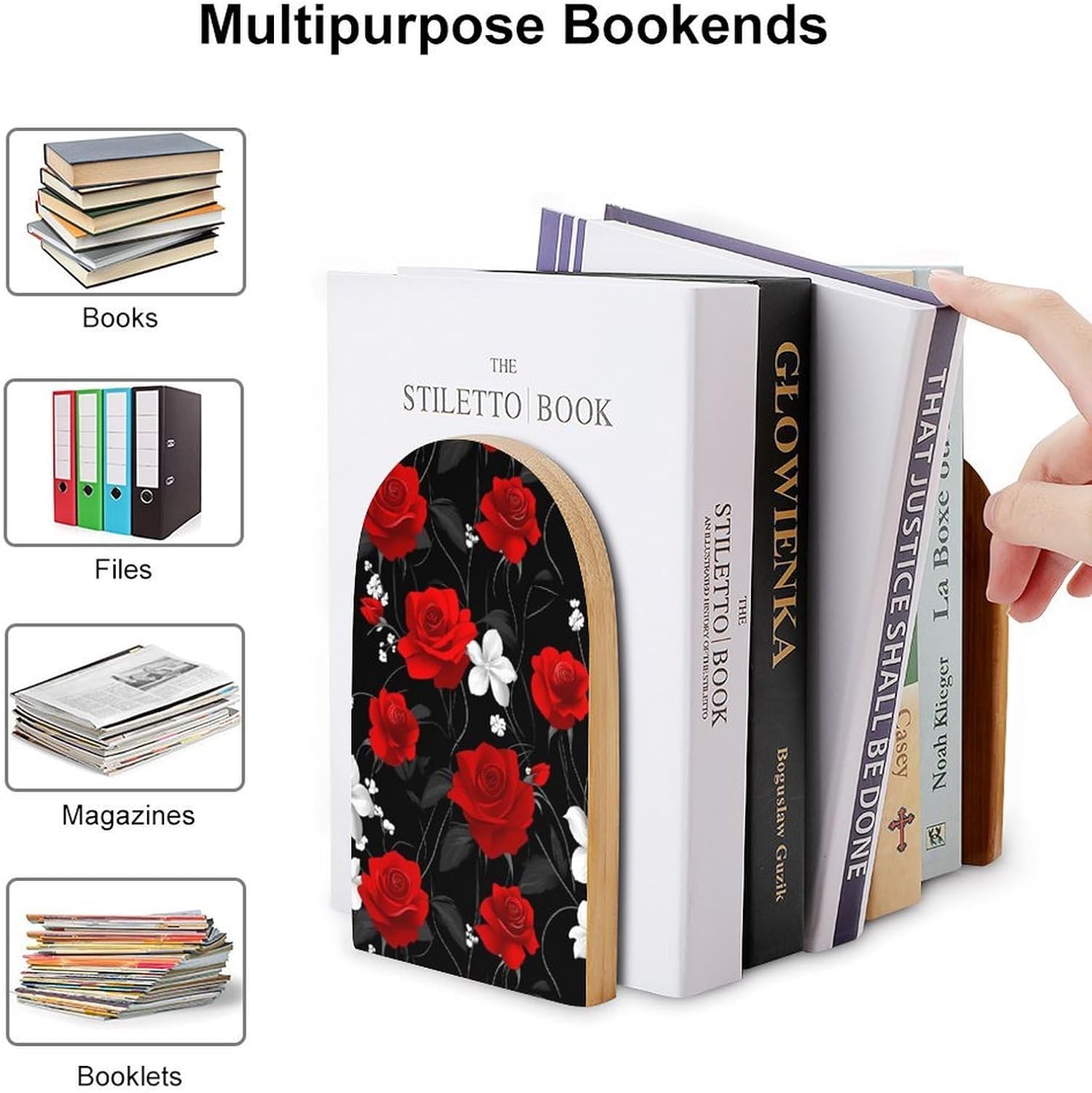 Red Rose Decorative Bookends for Shelves Wood 1 Pair Book Stands for Desk Home Office