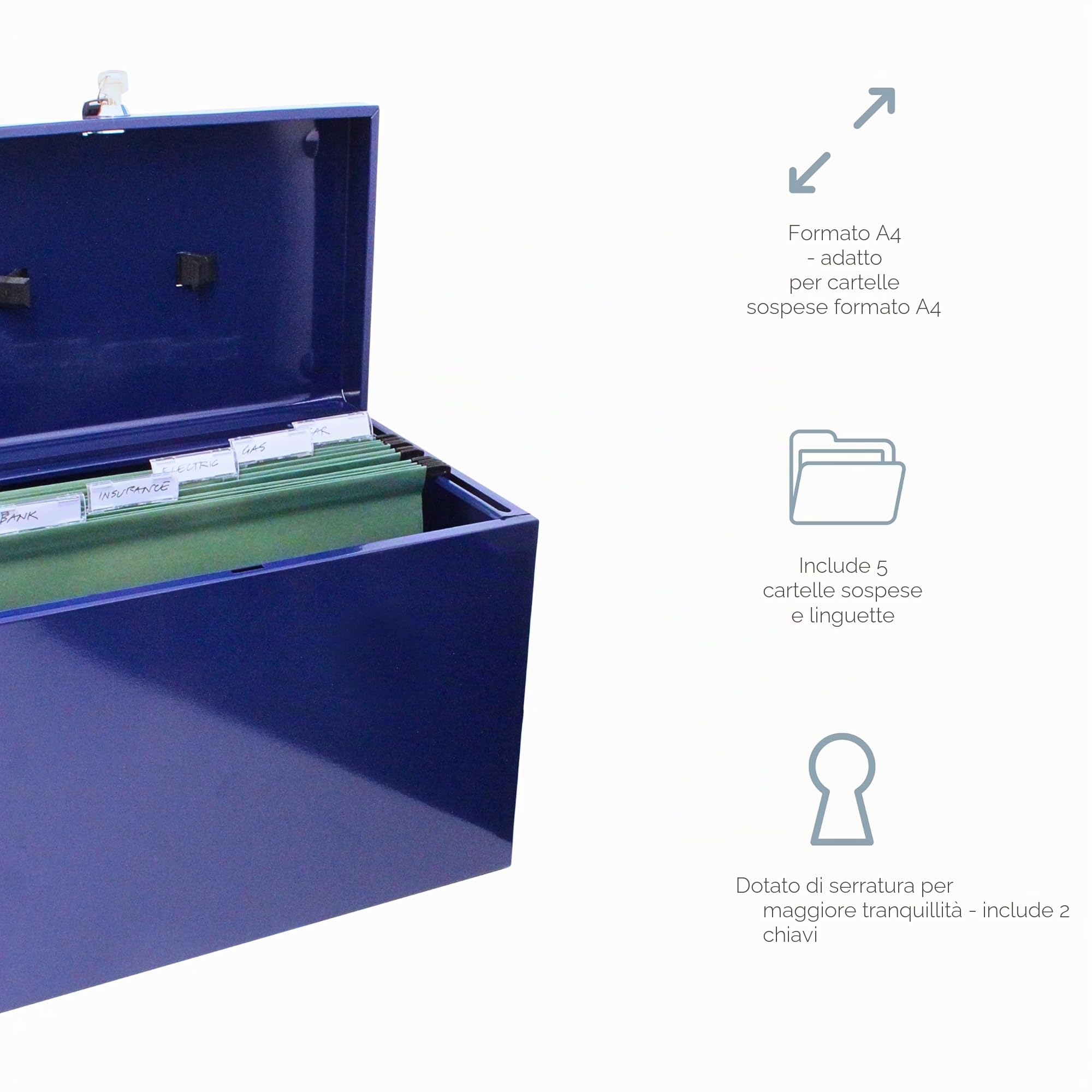 Caja archivadora de metal, tamaño A4, color azul