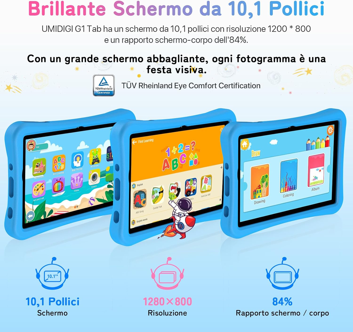UMIDIGI Tablet Bambini Android 13 Tablet 10.1 pollici, G1 Tab Kids Tablet,8GB+64GB/TF 1TB,6000 mAh,8MP,Tablet per Bambini con Controllo Parentale,Google GMS, WiFi 6/BT5.0,Custodia Protettiva in EVA