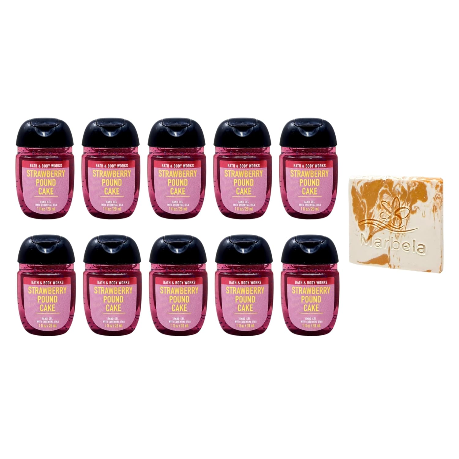 Bath & Body Works Strawberry Pound Cake 10 Mini Hand Gels & Gardenia Soap
