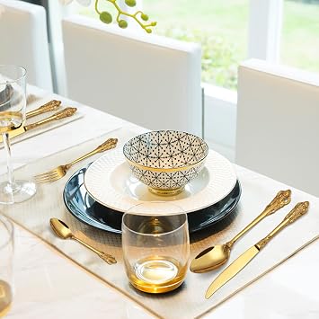 BEWOS 16 Piece Gold Palace Cutlery Set, Premium Stainless Steel Cutlery, Embossed Design Handles, Family and Banquet Knife and Fork Sets, Stunning Polished & Gift Wrapped, Dishwasher Safe