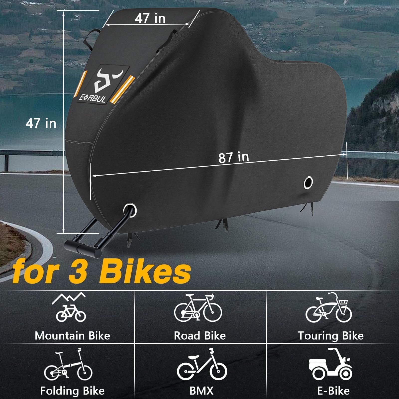 Everbul Fahrradabdeckung für 2 oder 3 Fahrräder, 214 cm L x 119 cm B x 129 cm H, wasserdichte Fahrradabdeckungen für den Außenbereich, mit Schlossloch, 420D strapazierfähiges Gewebe, Regen, Sonne, UV