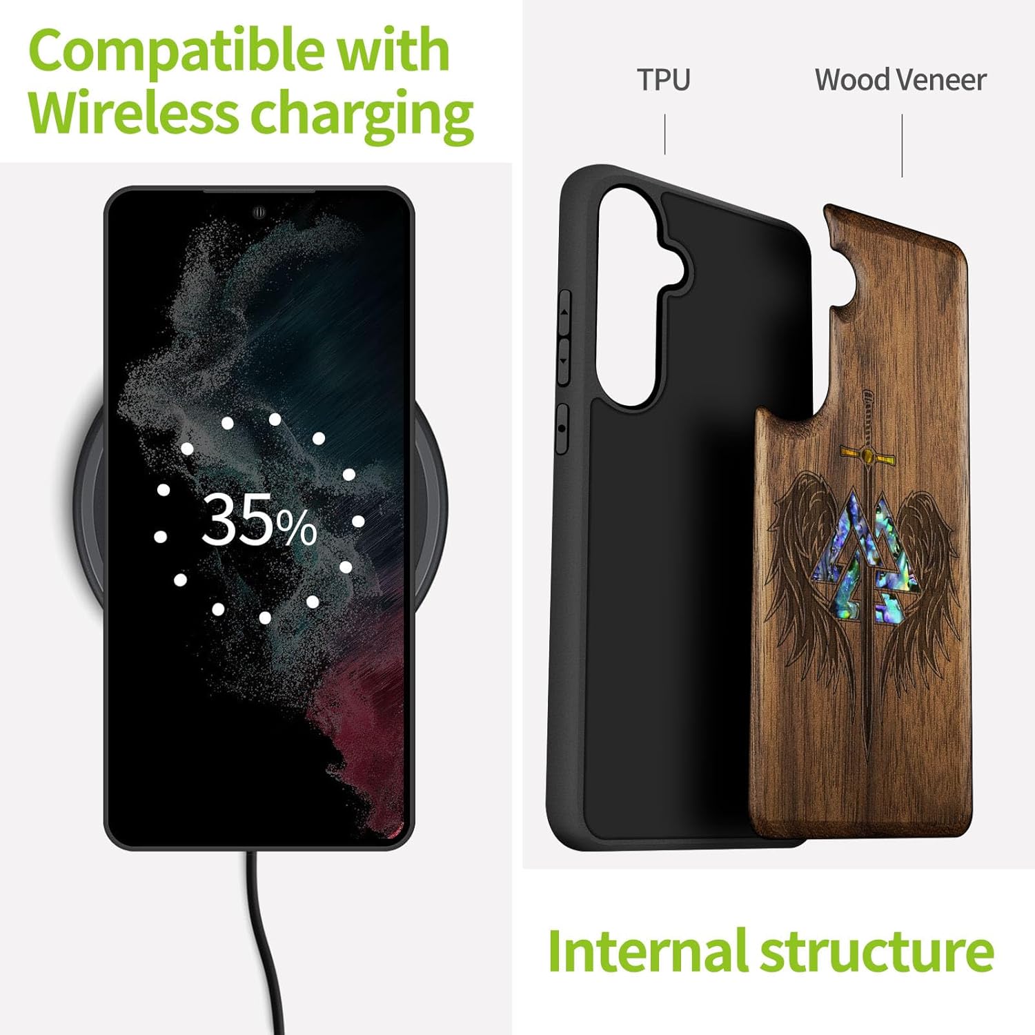 Carveit Designer Wooden Case for Samsung Galaxy S24 FE Case [Wood Engraving & Shell Inlay] Compatible with Wireless Chargers S24 FE Cover (Wings of Valor Essence-Walnut)