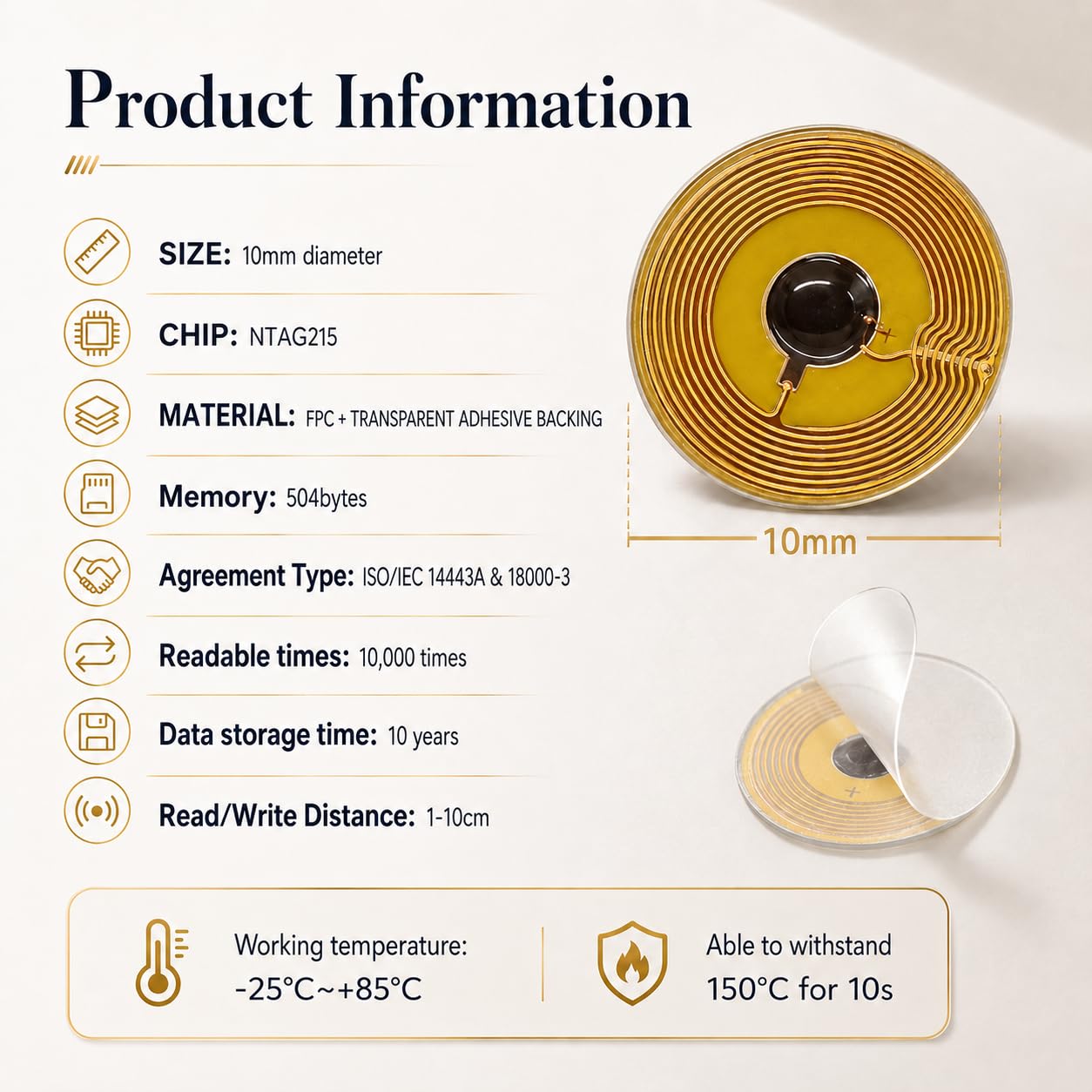 Lot de 126 étiquettes NFC NTAG215 FPC flexibles NFC résistantes à la chaleur Étiquettes électroniques NFC Key Tags Matériau programmable RFID autocollant rond 10 mm