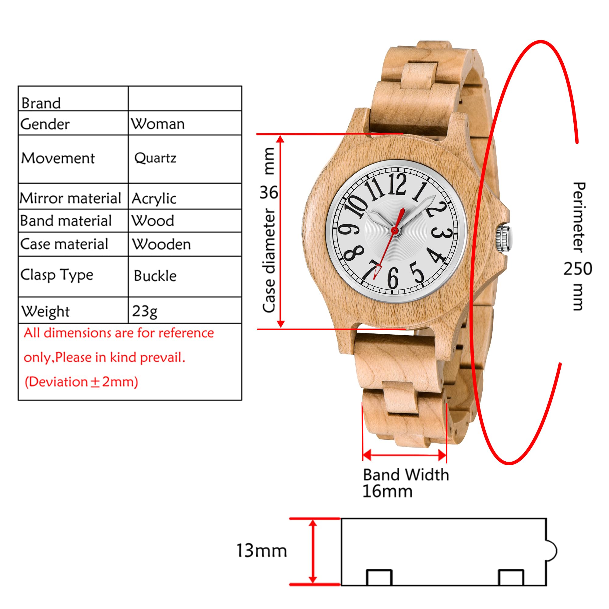 Tiong Reloj de Madera para Mujer, Correa de Reloj de Madera de Cuarzo analógico, Correa Ajustable, Ligera y cómoda
