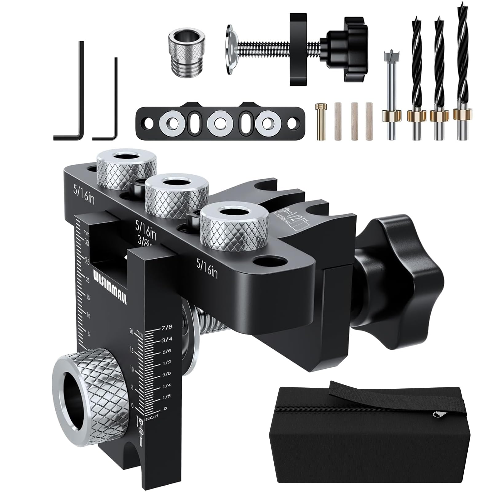 Self Centering Doweling Jig Kit - Dowel Jig Kit for Straight Holes, Adjustable Width Woodworking Joints Tool Drill Guides Locator, 3 Size Drill Bit (8, 10, 15 mm) (5/16", 3/8", 19/32"), Organizer Bag1