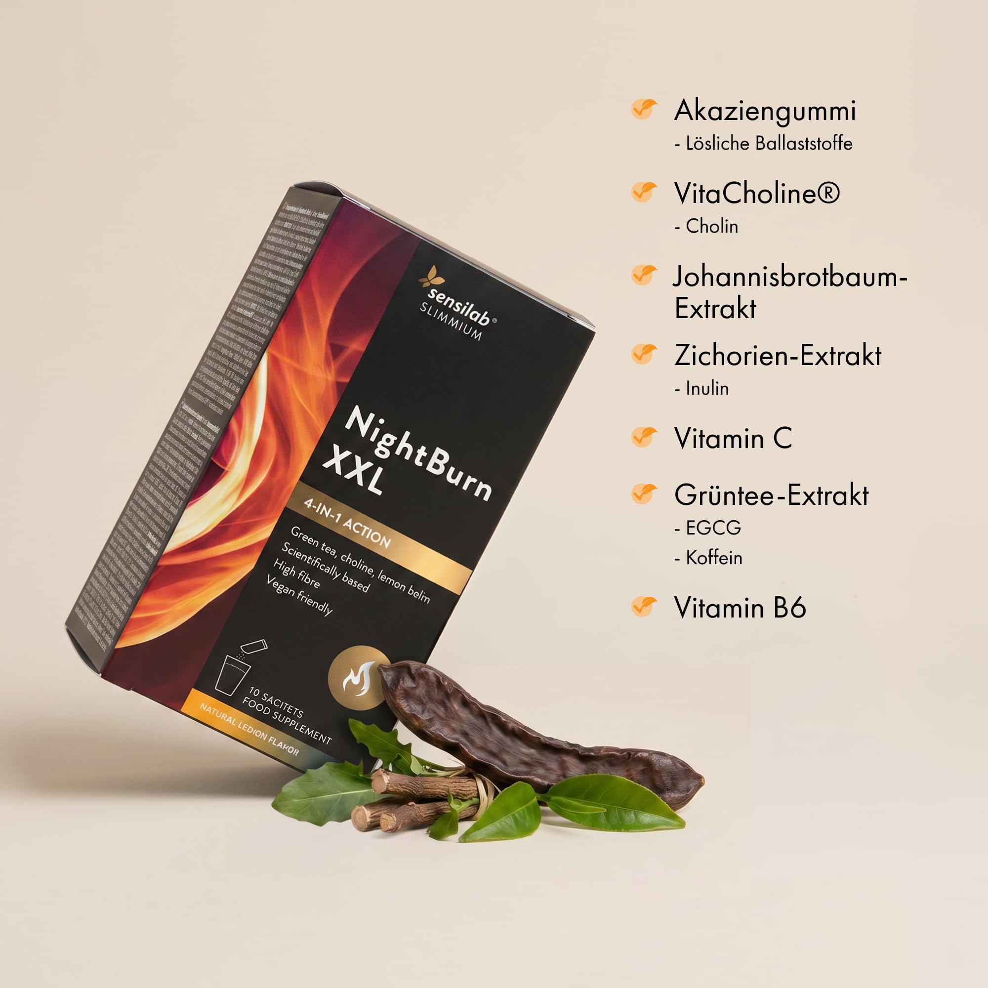 Sensilab Slimmium NightBurn XXL – Tè Verde, Cicoria, Colina, Carruba, Melissa, Vitamina C e Vitamina B6 – Termogenico, Ricco di Fibre – Digiuno Intermittente – 10 Bustine per 10 Giorni