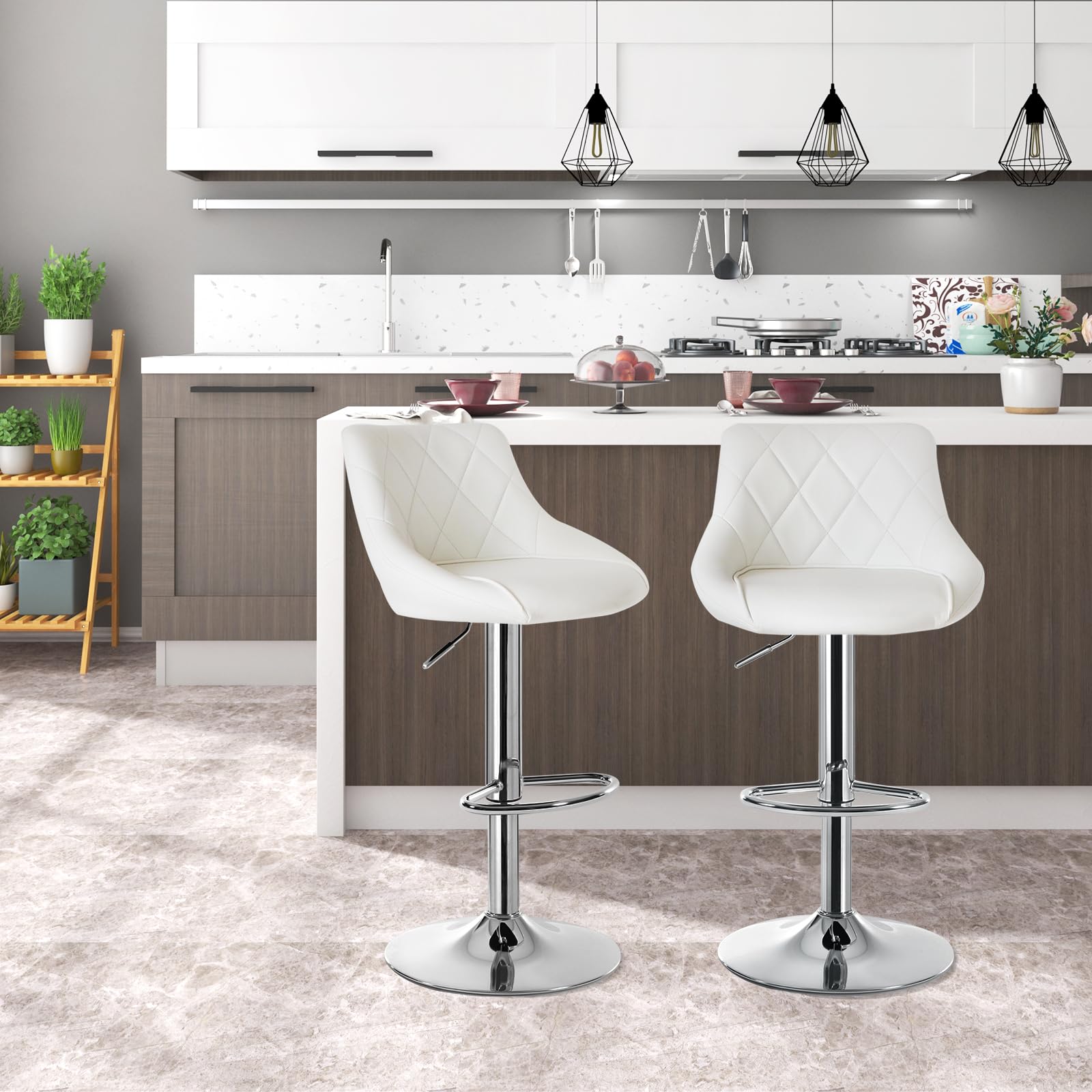 4 Tabourets De Bar En Similcuir Et Bois Massif - Hauteur 91cm, Blanc - Design Moderne Pour Cuisine Ou Bar