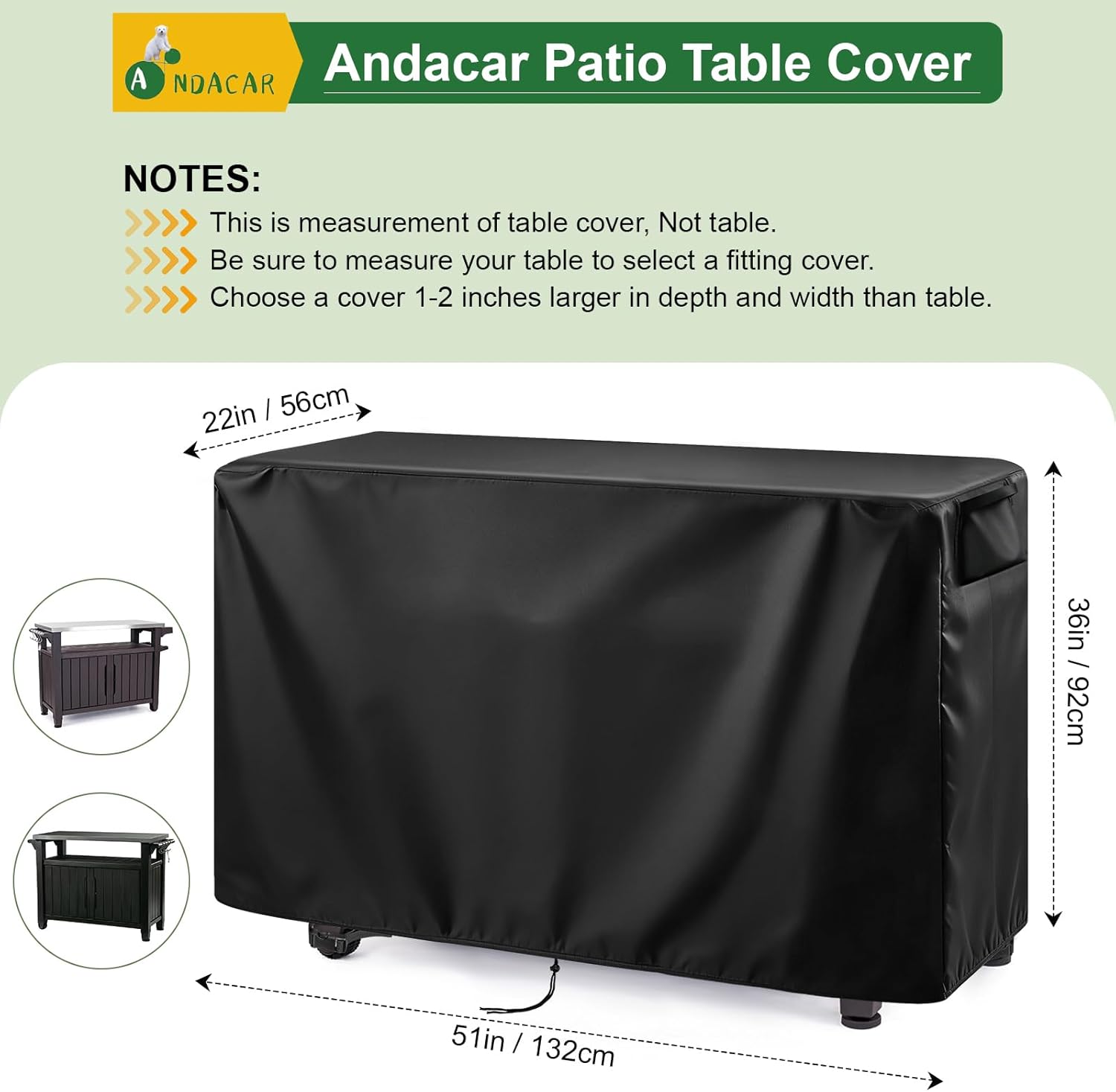 Outdoor 52 in Prep Table Cover for Keter Unity XL Portable Table Rolling Cabinet Bar, Waterproof Dining Cart Cover Heavy Duty Tool Chest Covers - 52"L×22"W×36"H, Black