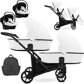 Kunert BRAV Cochecito Gemelar 3 en 1+Accesorios: Confort, Seguridad, Practicidad, Diseño Elegante y Funcional, Sistema Versátil, Estructura de Aluminio, Ligero (Blanco Piel Sintética/Marco Negro)