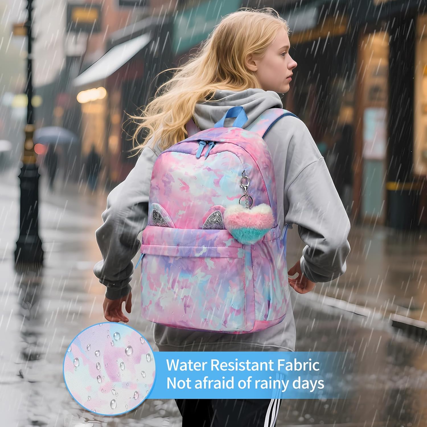 30L Waterproof Large Capacity School Backpack for 6-18 Years Girls & Boys,Lightweight Durable Travel Bookbag with Cat Ear & Heart Keychain,Teens College Daily Use Kids Backpack (Blue) - Image 6