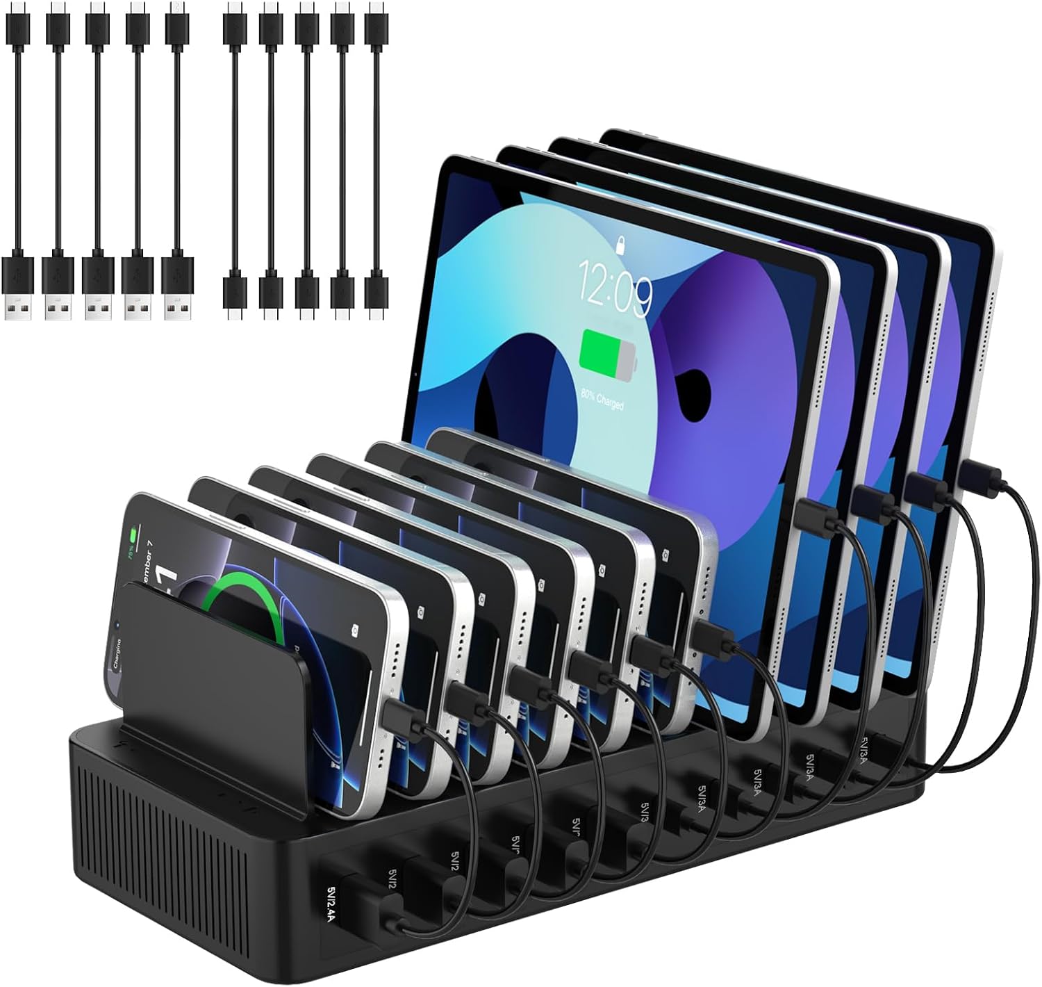 100W 10-Port USB Charging Station (USB-A & USB-C) with Adjustable Dividers – with 10 Cables Fast Charger Station Organizer Dock for iPhone, iPad, Tablets, and More
